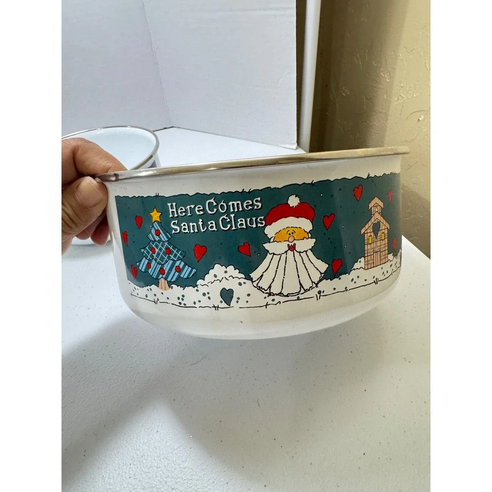 VTG 5*Christmas Enamel Nesting Bowls Set Santa Snowman Reindeer Bear‎ collection